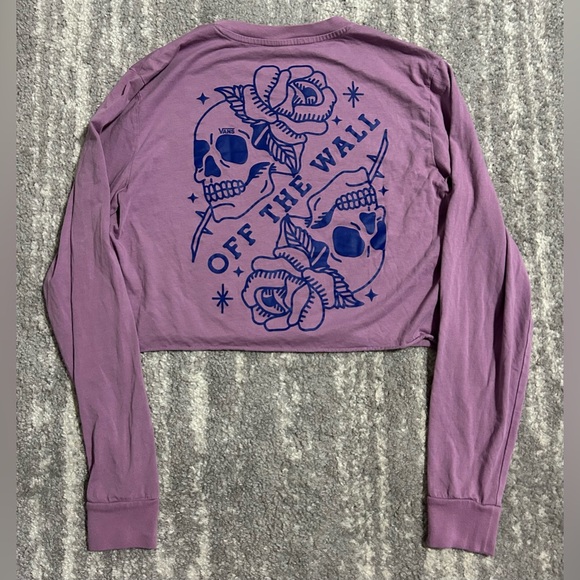 Vans Tops - Vans Womens Crop Top Long Sleeve Tshirt Sz S Purple Skulls Roses Graphic Skater
